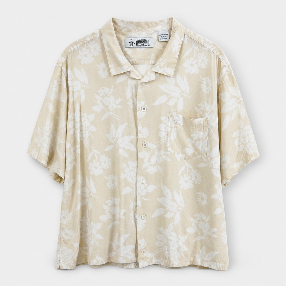 Preppy Original Penguin Mens XXL Hawaiian Shirt Beige Floral Viscose Aloha